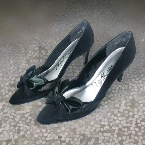 VTG Night Life Life Stride Womens Black Satin Bow Pump High Heel Shoes Sz 7 N - Picture 4 of 16