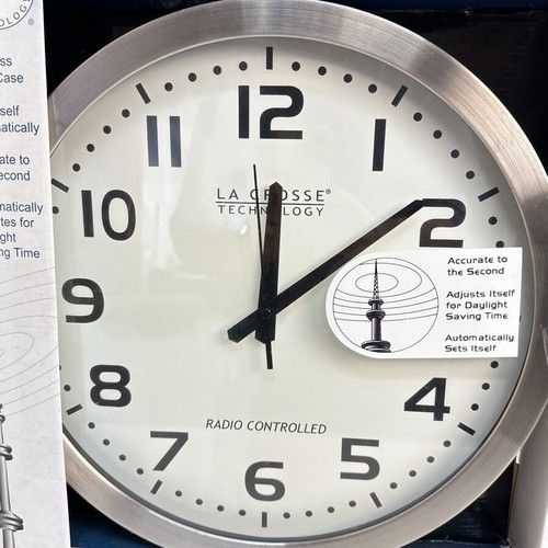 16 Inch White Dial Brushed Silver Atomic Analog Wall Clock Battery Operated - Picture 2 of 6