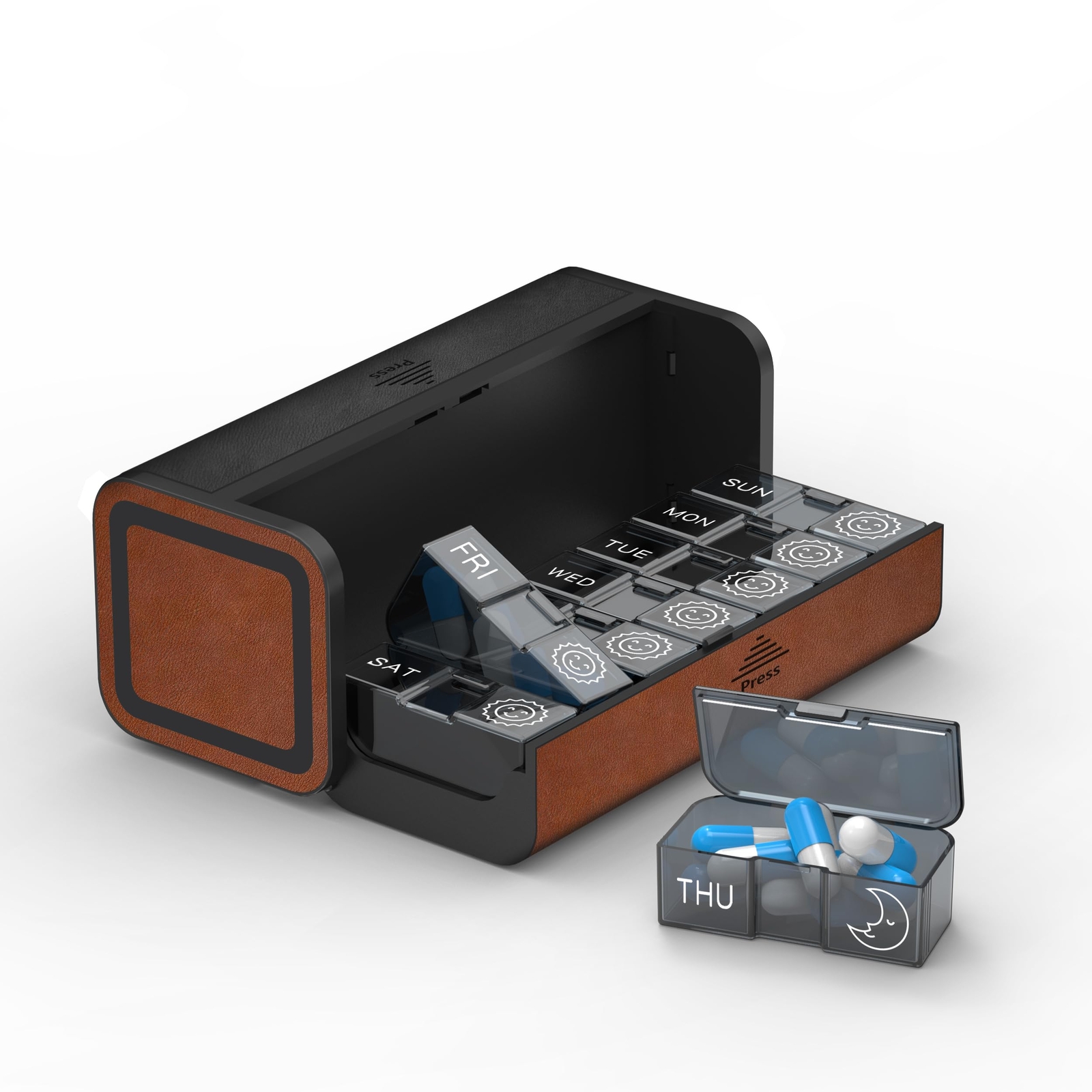 Organizer Weekly, 2 Times a Day for 7-Day Leather Medicine Box Travel Contain...