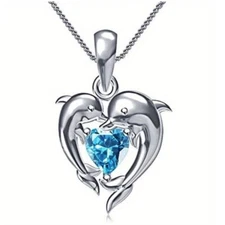 Dolphin Heart Crystal Necklace 925 Silver Plated Ocean Pendant Gifts for Women