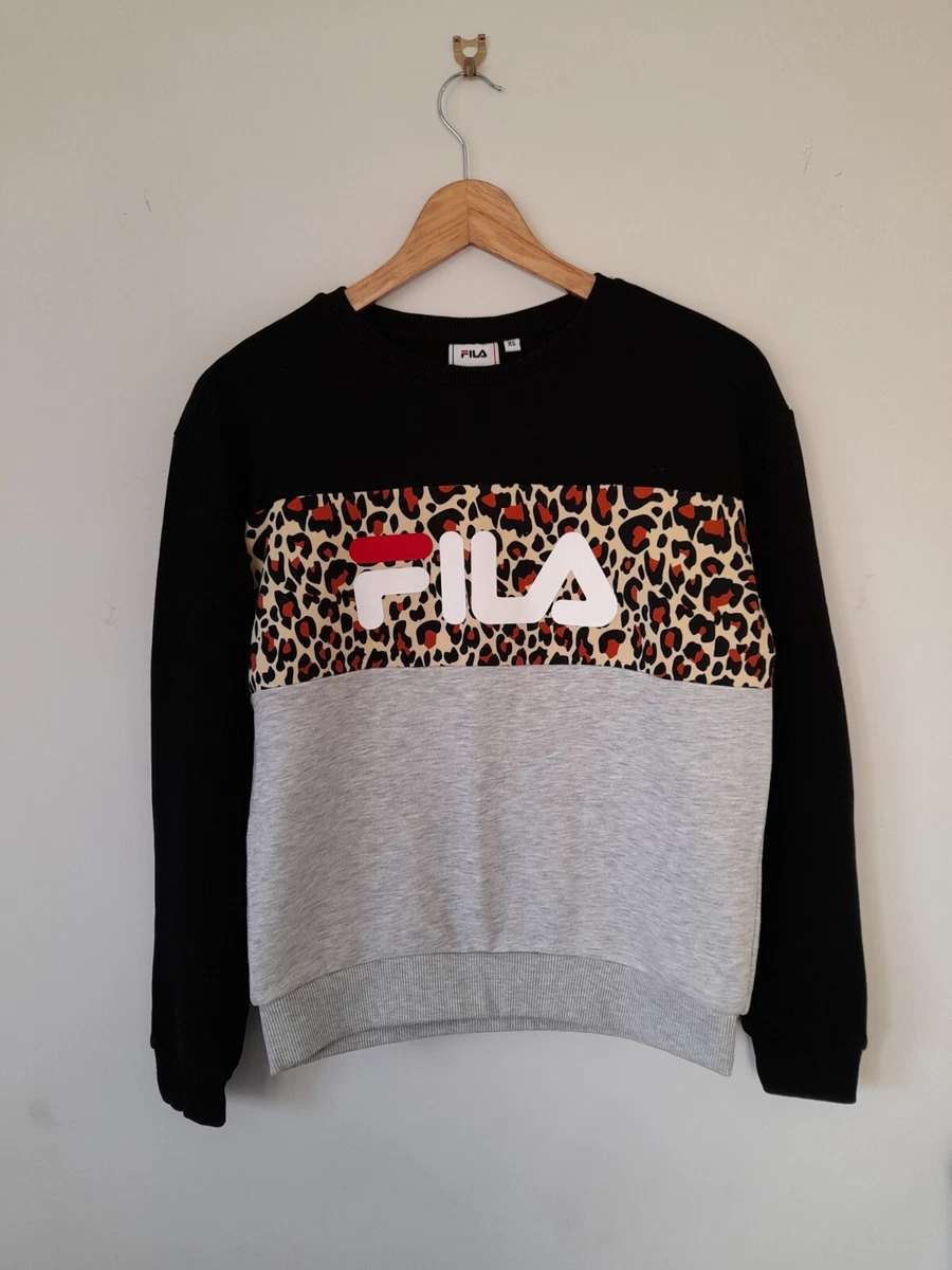 Fila Woman Black Mix Leopard Front Leah Sweater Jumper Size Xs 8 10 Uk