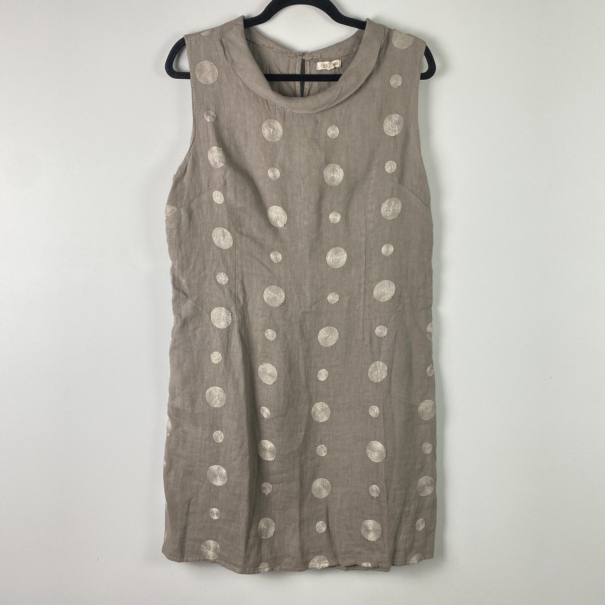 Lina Tomei Dress 100% Linen Size Large Sleeveless Pockets Taupe