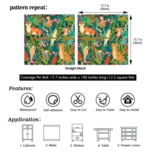 CHIHUT Jungle Animal Wallpaper 17.7”x100” Peel and Stick Wallpaper Wall Art NEW - Picture 2 of 8