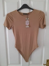 Boohoo 🐫 Camel Slinky Double Layer Short Sleeve Bodysuit Size 10