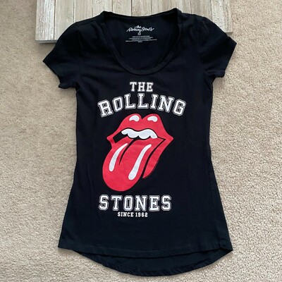 The Rolling Stones Juniors M Logo Graphic T-Shirt Rounded Back Hem Rock Band