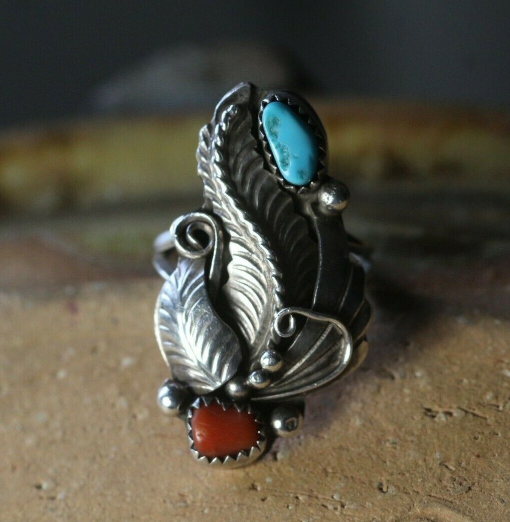 Vintage Navajo JJ John Chavez Sterling Silver Turquoise & Coral