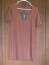 Pretty Little Thing Chocolate Brown Textured Slinky Square Neck Bodycon Dress