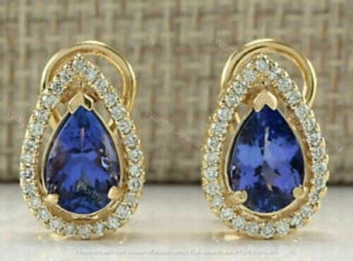 Aretes con halo de tanzanita creados en laboratorio corte pera de 2,30 quilates placa de oro amarillo de 14 quilates Foto 3 de 4
