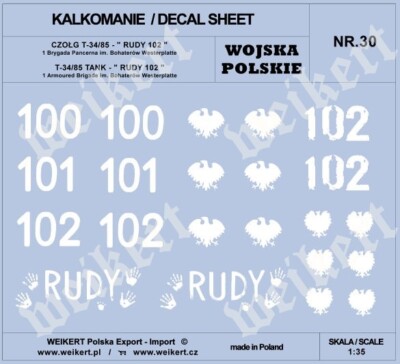 1:35 DECALS - DEC230 - T-34/85 - Famous tank RUDY 102 - Polish 1st tank brigade