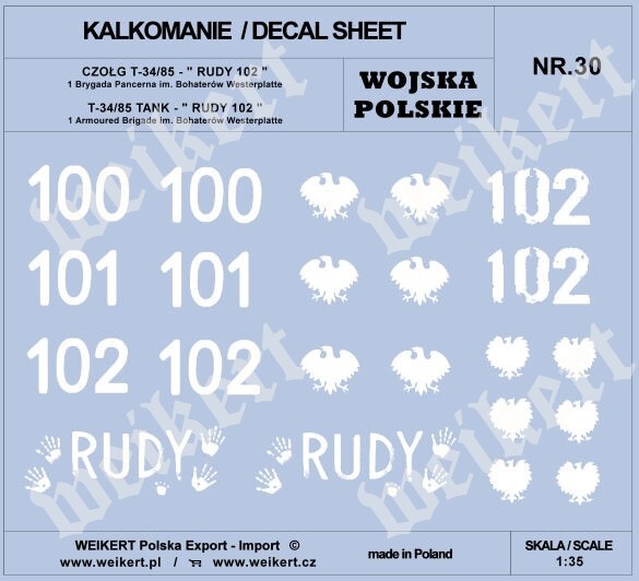 1:35 DECALS - DEC230 - T-34/85 - Famous tank RUDY 102 - Polish 1st tank brigade