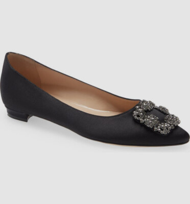 $955 Manolo Blahnik Women's Black Crystal Almond Toe Flat Shoes US 7/EU 37