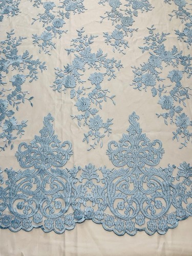 LT BLUE - 54" Wide Flower Damask Flat Lace Embroidery On A Mesh By Yard - Picture 4 of 4