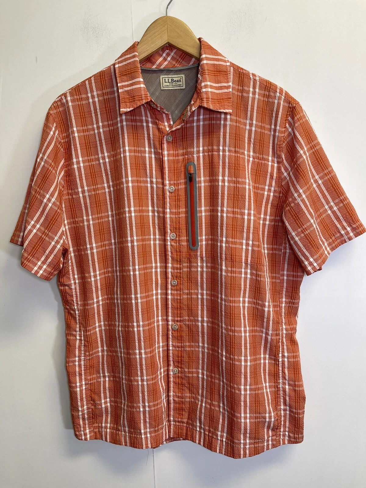 L.L. Bean Fishing Shirt Mens M Reg Orange Plaid Vented S/S Button Up Hiking
