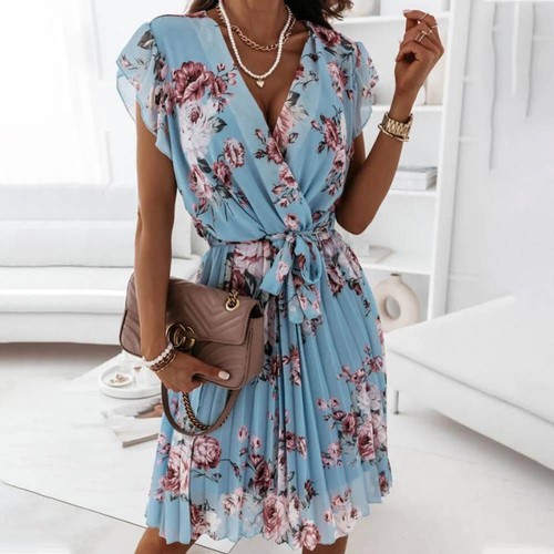 Womens Boho Floral Mini Dress Ladies Ruffle Wrap V Neck Summer Beach Sun Dresses - Picture 5 of 30