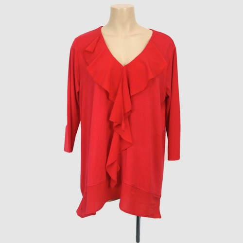 BNWT Threadz Women's Top Size M Red Tunic Ruffle Detail Jersey 3/4 Sleeve Long