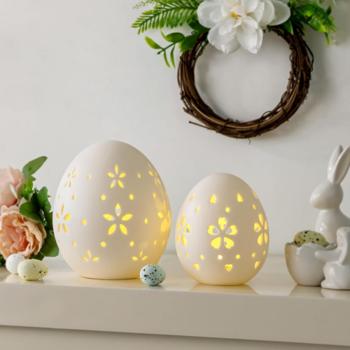 Easter Decorations: White Ceramic Lighted Easter Egg Set of 2, Farmhouse Rustic - Picture 5 of 12