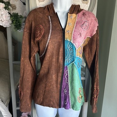 KATHMANDU IMPORTS Embroidered Zip Boho Hippie Zen-Spirit Hood Sweatshirt Sz M