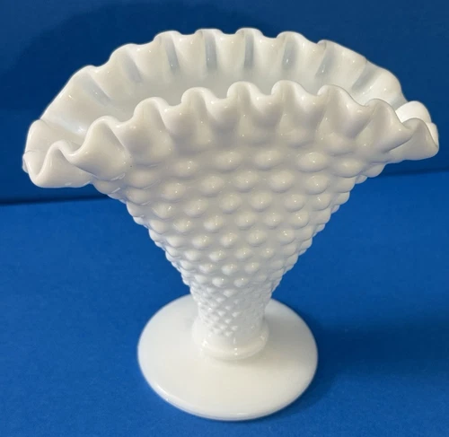 Fenton White Milk Glass Hobnail Fan Vase Footed Crimped Ruffle Edge 4” Tall