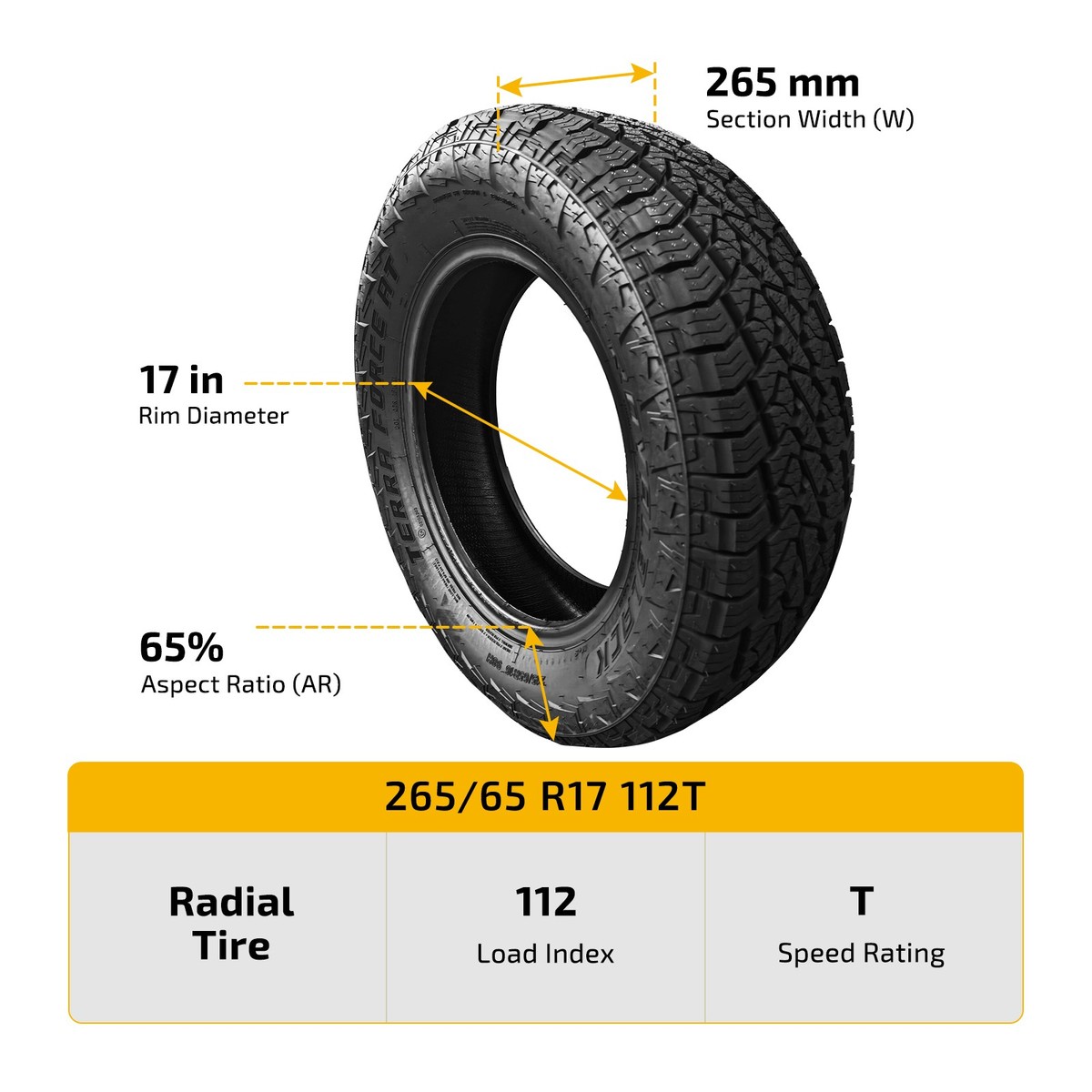 TERRA 265/65R17 112T AT Tire 9.6mm Tread 660AA Fits 2016-2023