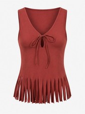 Y2K Vintage Made in USA French Kiss Brown Fringe V-Neck Tank Top with Tie Sz M