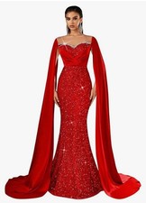 A shimmering sequined long-sleeved mermaid satin gown with a train and beaded...