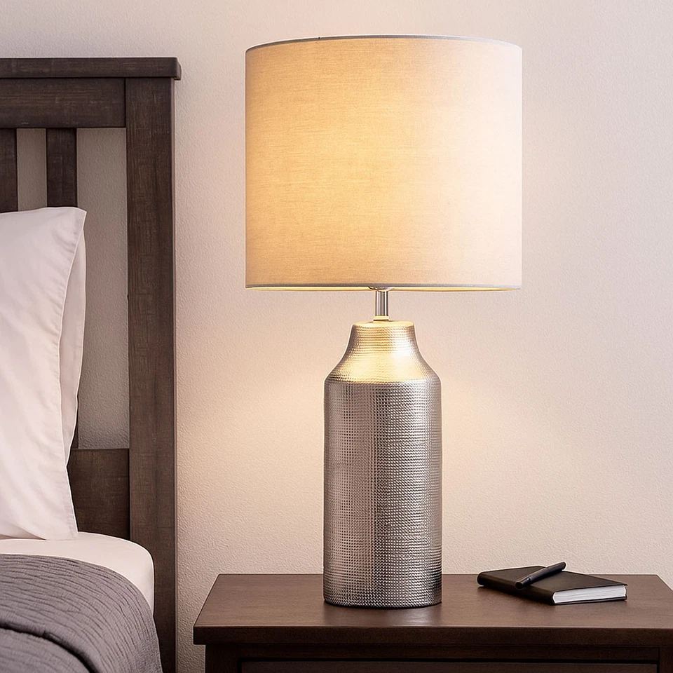 Lampada da Tavolo Lampada da Comodino Ceramica Tessuto Scrivania Argento H 61 CM - Immagine 3 di 4