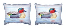 Pair of Betsy Drake Green Wing Teal Duck Outdoor Pillows 16 Inch x 20 Inch