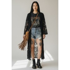 Gothic Romantic Floral Lace Maxi Duster Black Steampunk / Witchy Large