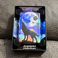 Zippo Premium Wolf & Moon Animal Theme Lighter Made in USA with Box