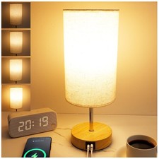 Bedside Table Lamp Wood Base 4 Way Dimmable Touch, USB and Type-C Charge Port