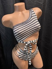 Black And White One Shoulder Two Piece Set With Lace Up Bottoms