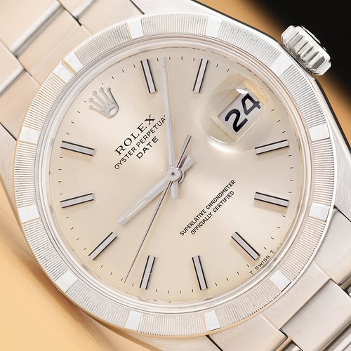 ROLEX OYSTER PERPETUAL DATE 1501 SILVER DIAL 34MM STEEL OYSTER WATCH w/ PAPER