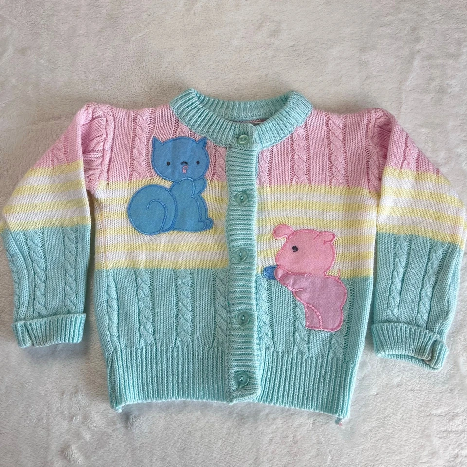 Alpine Way Vintage Pastell Mädchen Pullover Knopfleiste Gr. 2T Eichhörnchen Schweinchen Frühling 