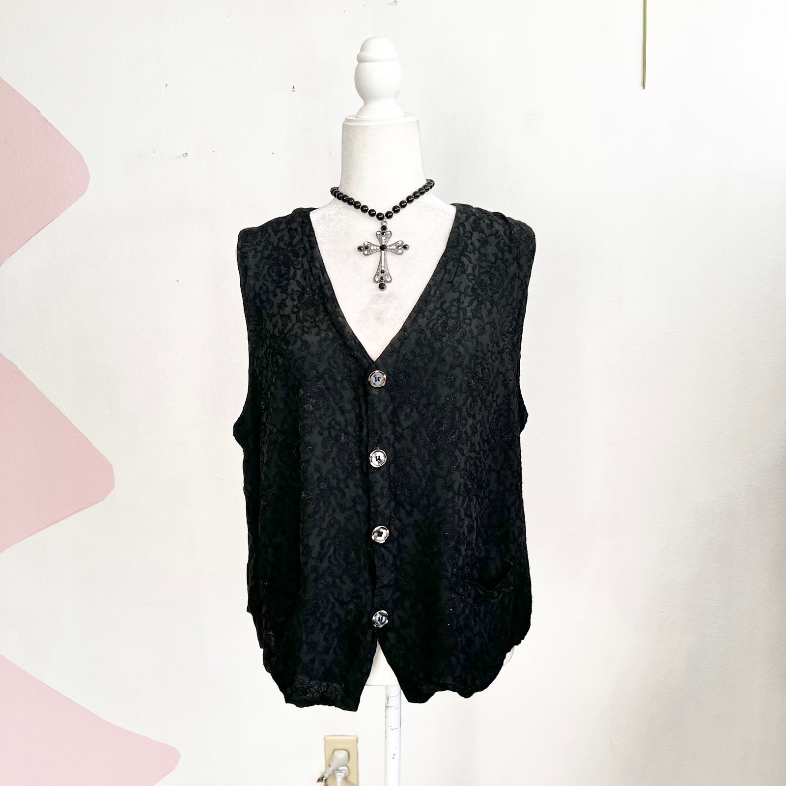 Vintage Black Embroidered Vest Boho Classic Retro Grunge Large