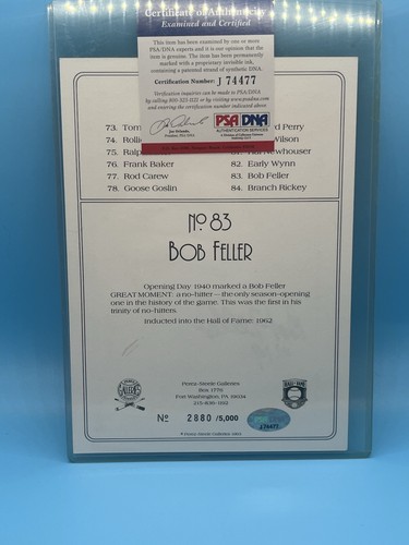 Bob Feller Autografo e Scritto H.O.F 62 Gallerie Perez-Steele PSA DNA!! - Foto 2 di 2