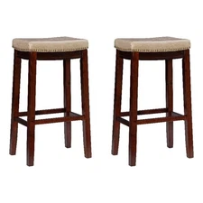 Linon Claridge Wood Set of 2 Bar Stools Beige Faux Leather Seats in Brown Finish