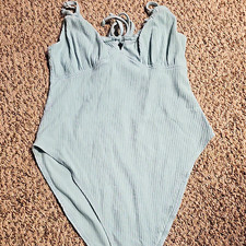 Light Blue Solid One Piece Bodysuit Spaghetti Straps Mild Compression Stretch S