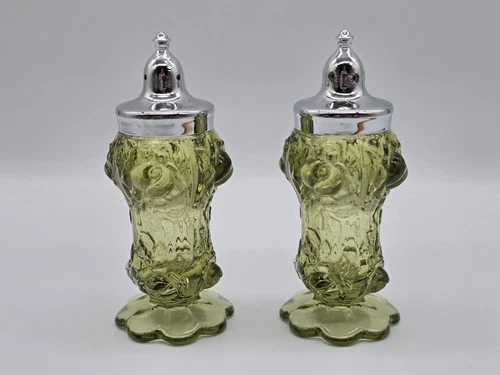Fenton Green Cabbage Rose Salt and Pepper Shakers Vintage