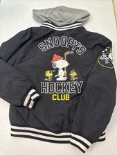 Vintage PEANUTS Aeropostale Snoopy's Hockey Club Bomber Jacket Men's Sm Black