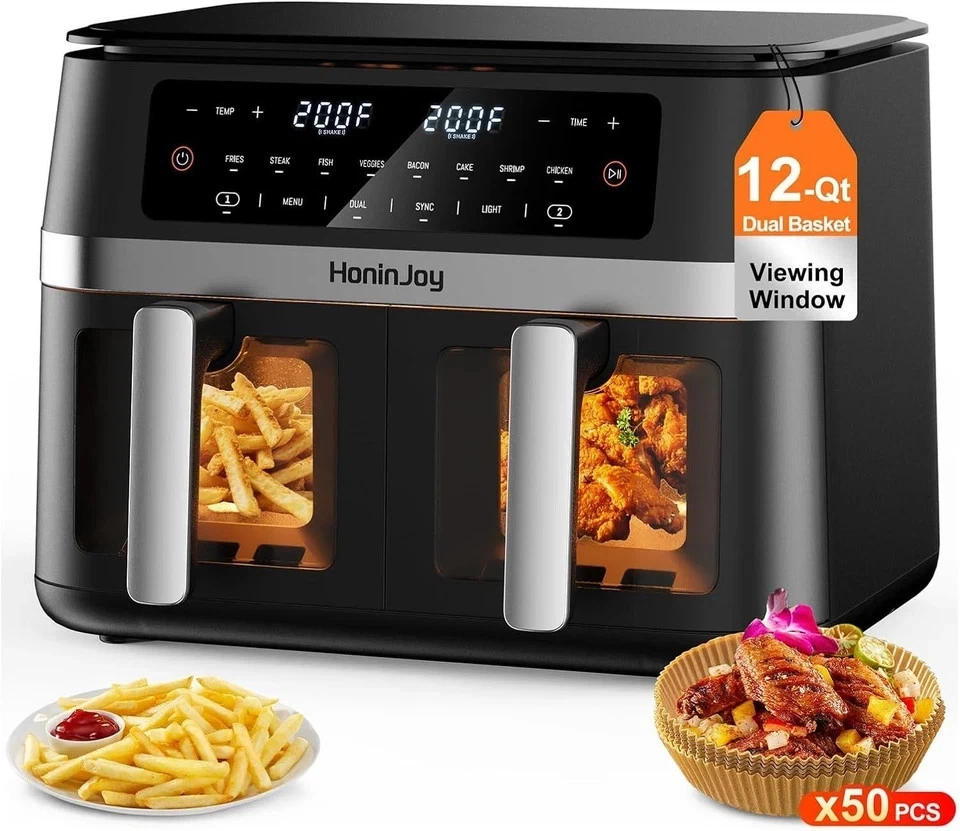 New 12QT Large Dual Basket Air Fryer with Viewing Window and 50pcs Paper Liners
Opens in a new windo