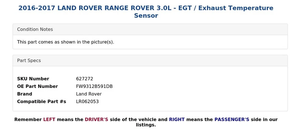 2016-2017 LAND ROVER RANGE ROVER 3.0L - EGT / Sensor de temperatura de exaustão - Imagem 3 de 4