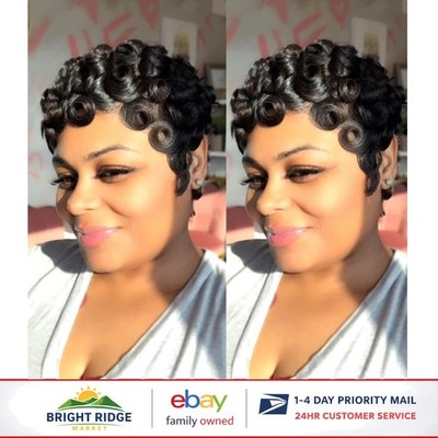 Human Hair Pixie Cut Wig for Women, Curly Style with Adjustable Cap Straps