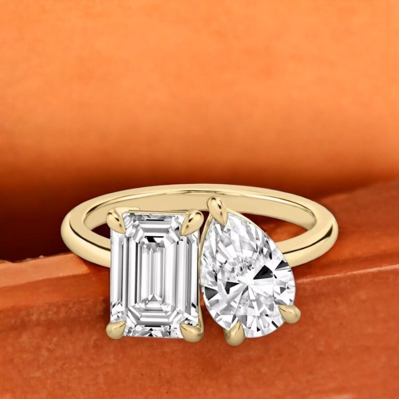 Wedding Diamond Toi Et Moi Ring 14K Yellow Gold Lab Created Pear 3.50 Carat IGI