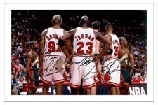 MICHAEL JORDAN, RODMAN & PIPPEN CHICAGO BULLS SIGNED PHOTO PRINT NBA BASKETBALL