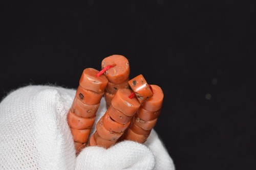 UNDYED Antique BEAD CORAL salmon VTG Japan Chinese INDIA Mala Chung dZi necklace - Picture 4 of 20