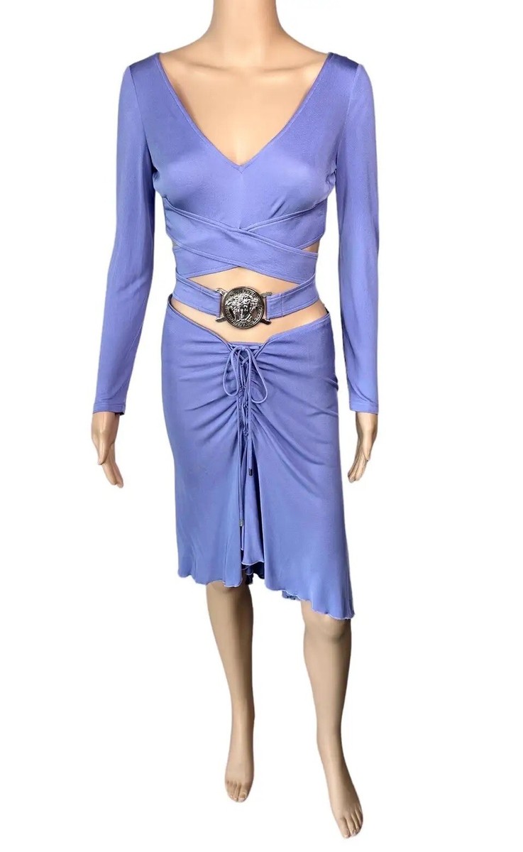 Versace S/S 2005 Logo Embellished Belted Wrap Crop Top