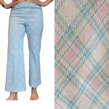 Vintage 70s Pastel Blue Pink Plaid Polyester Cropped Flare Pants Trousers Pullon