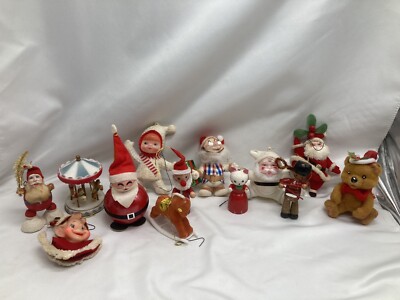 VTG 70s Flocked Felt  plastic Japan Christmas Ornaments Taiwan Wooden Dwarf Cat