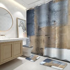4Pcs Bathroom Shower Curtain Sets with RugsBrown and Blue Painting Art Bathro...