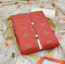 Womens Satoon Button  Woven Work Kurti salwar with Chanderi Duppta 2.10m Peach